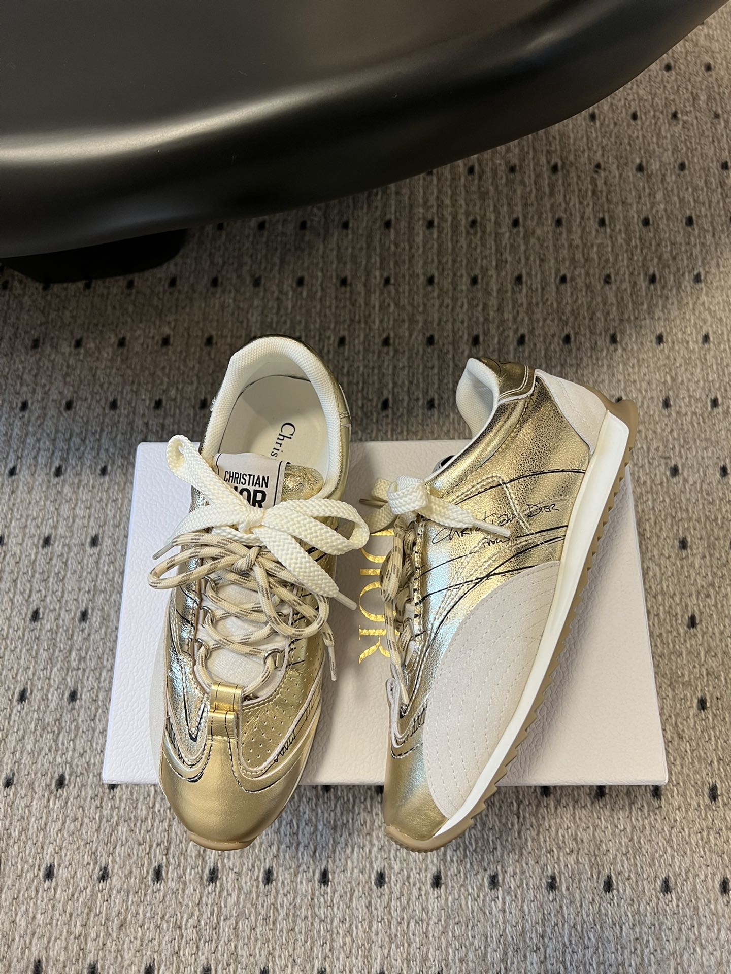 Dior D-Sketch Sneaker, Gold-Tone Crinkled Lambskin and Laminated Calfskin