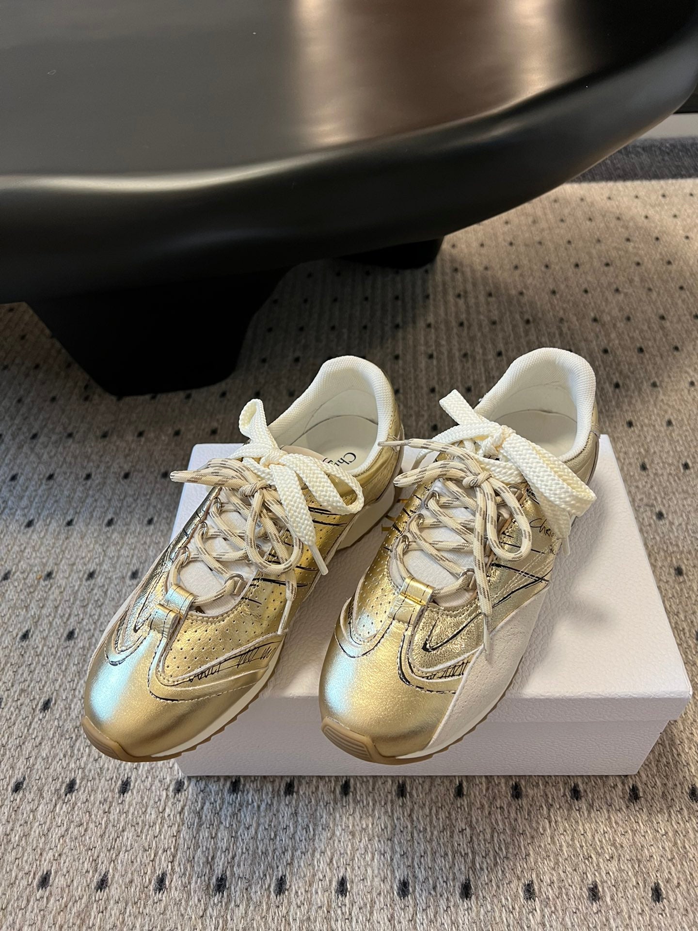 Dior D-Sketch Sneaker, Gold-Tone Crinkled Lambskin and Laminated Calfskin