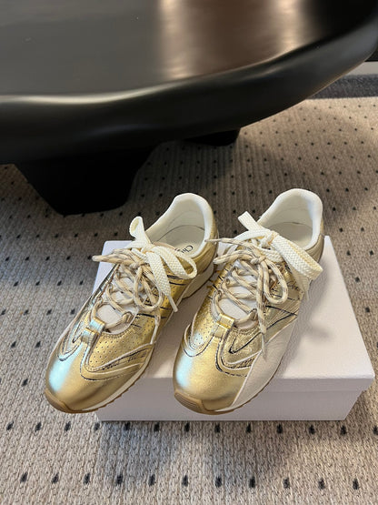 Dior D-Sketch Sneaker, Gold-Tone Crinkled Lambskin and Laminated Calfskin