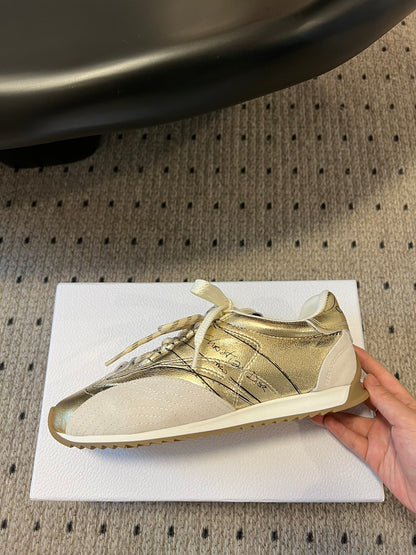 Dior D-Sketch Sneaker, Gold-Tone Crinkled Lambskin and Laminated Calfskin