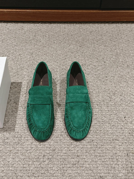 The Row Soft Moccasin in Suede, Green