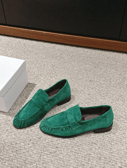 The Row Soft Moccasin in Suede, Green