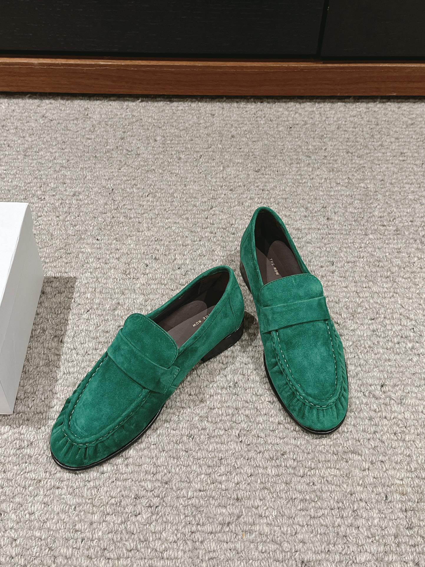 The Row Soft Moccasin in Suede, Green