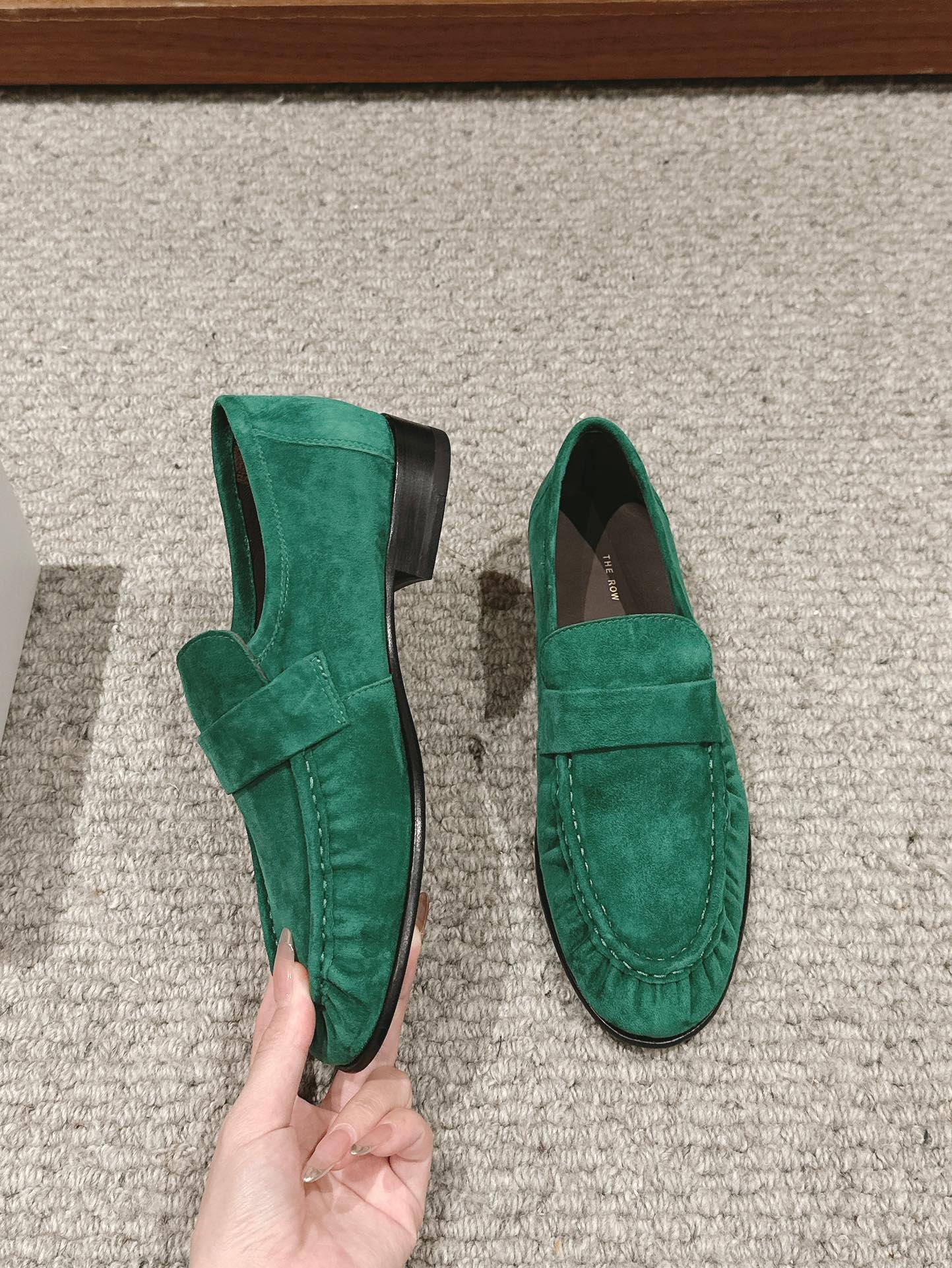 The Row Soft Moccasin in Suede, Green