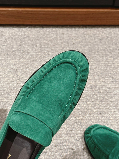 The Row Soft Moccasin in Suede, Green