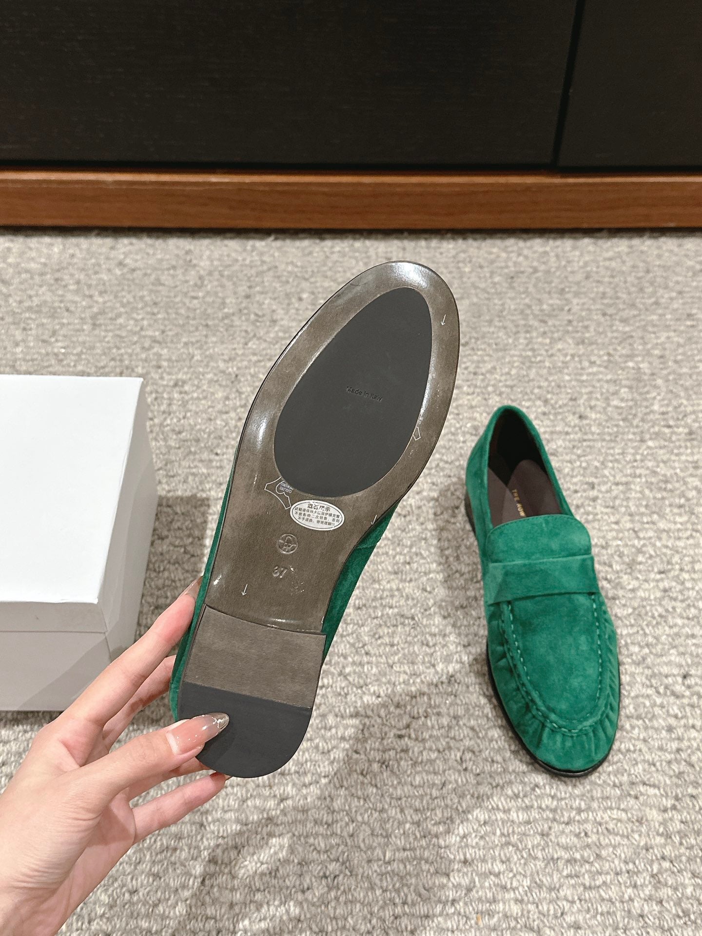 The Row Soft Moccasin in Suede, Green