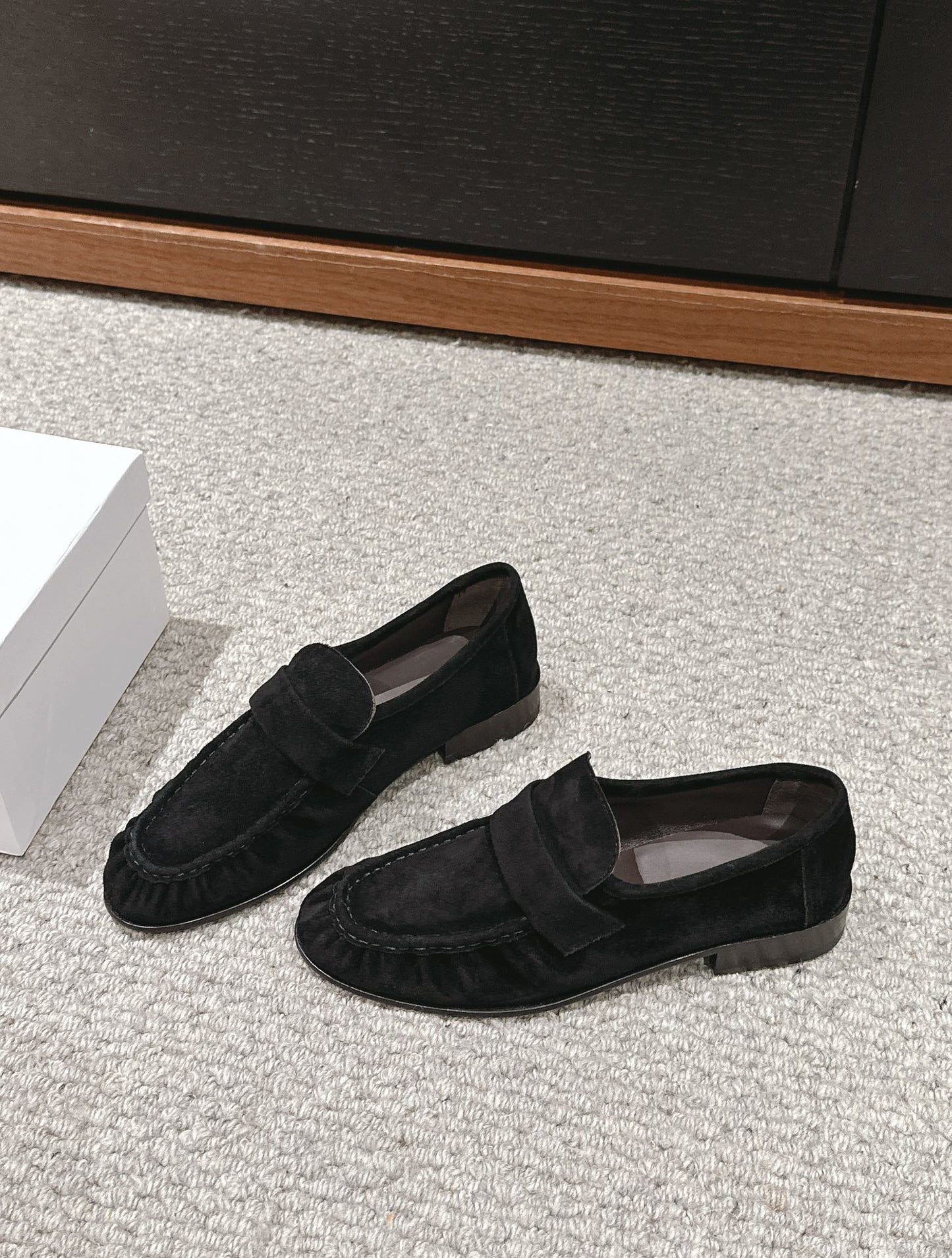 The Row Soft Moccasin in Suede, Black