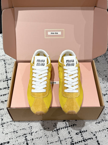 Miu Miu Plume technical fabric and Suede Sneakers, Yellow