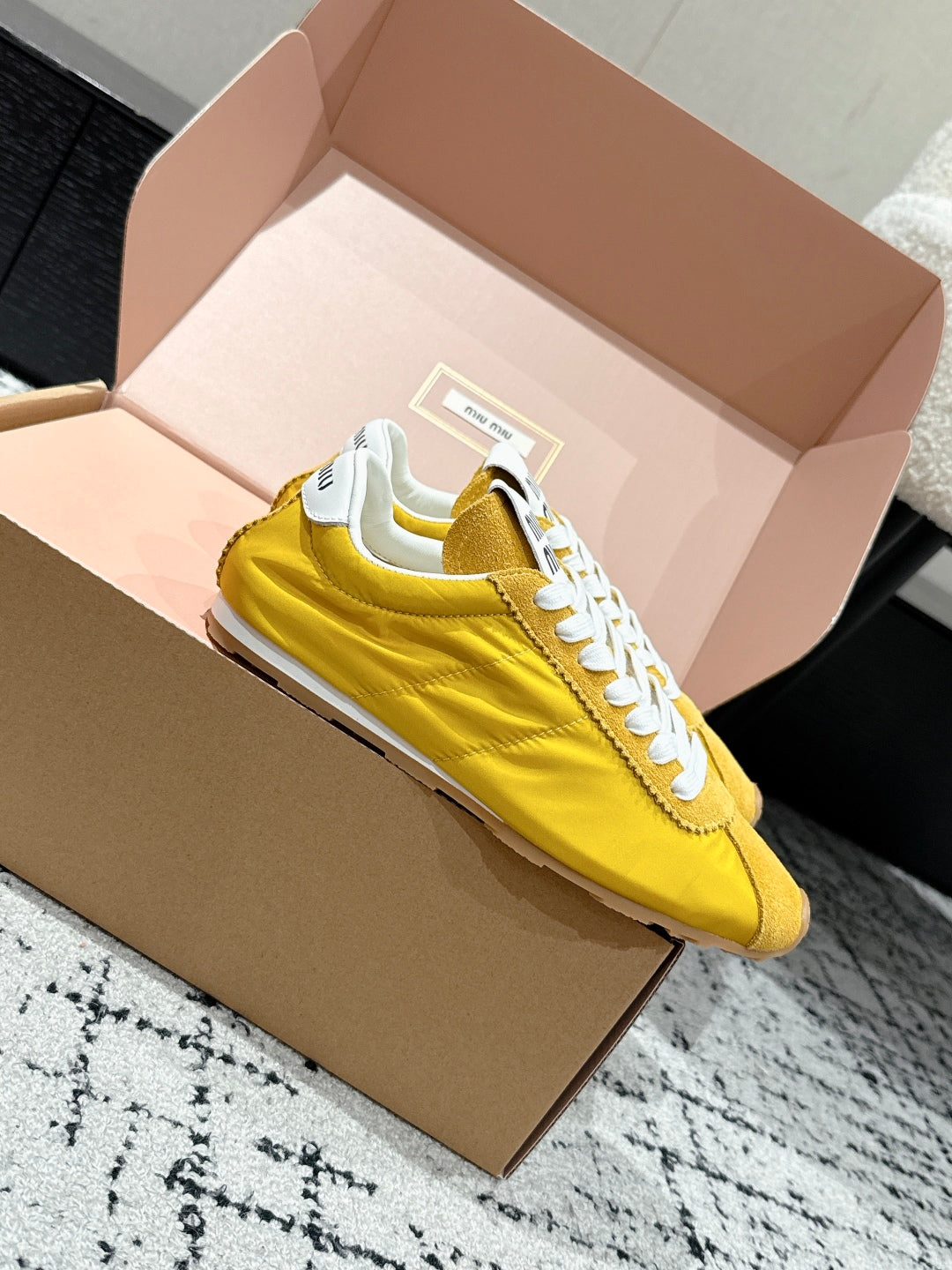 Miu Miu Plume technical fabric and Suede Sneakers, Yellow