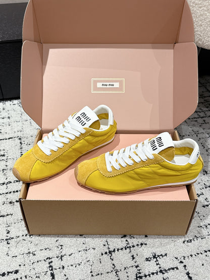 Miu Miu Plume technical fabric and Suede Sneakers, Yellow