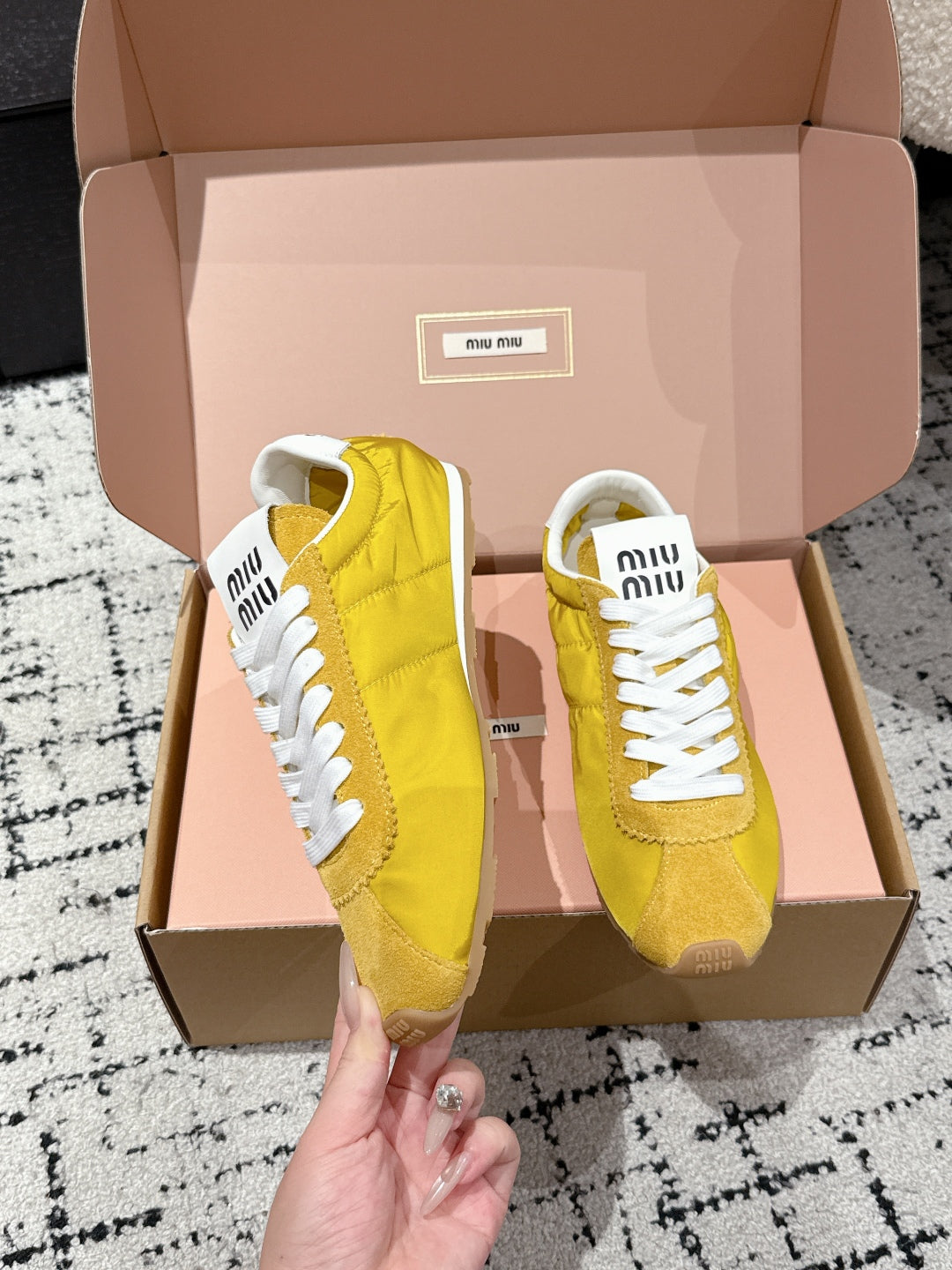 Miu Miu Plume technical fabric and Suede Sneakers, Yellow