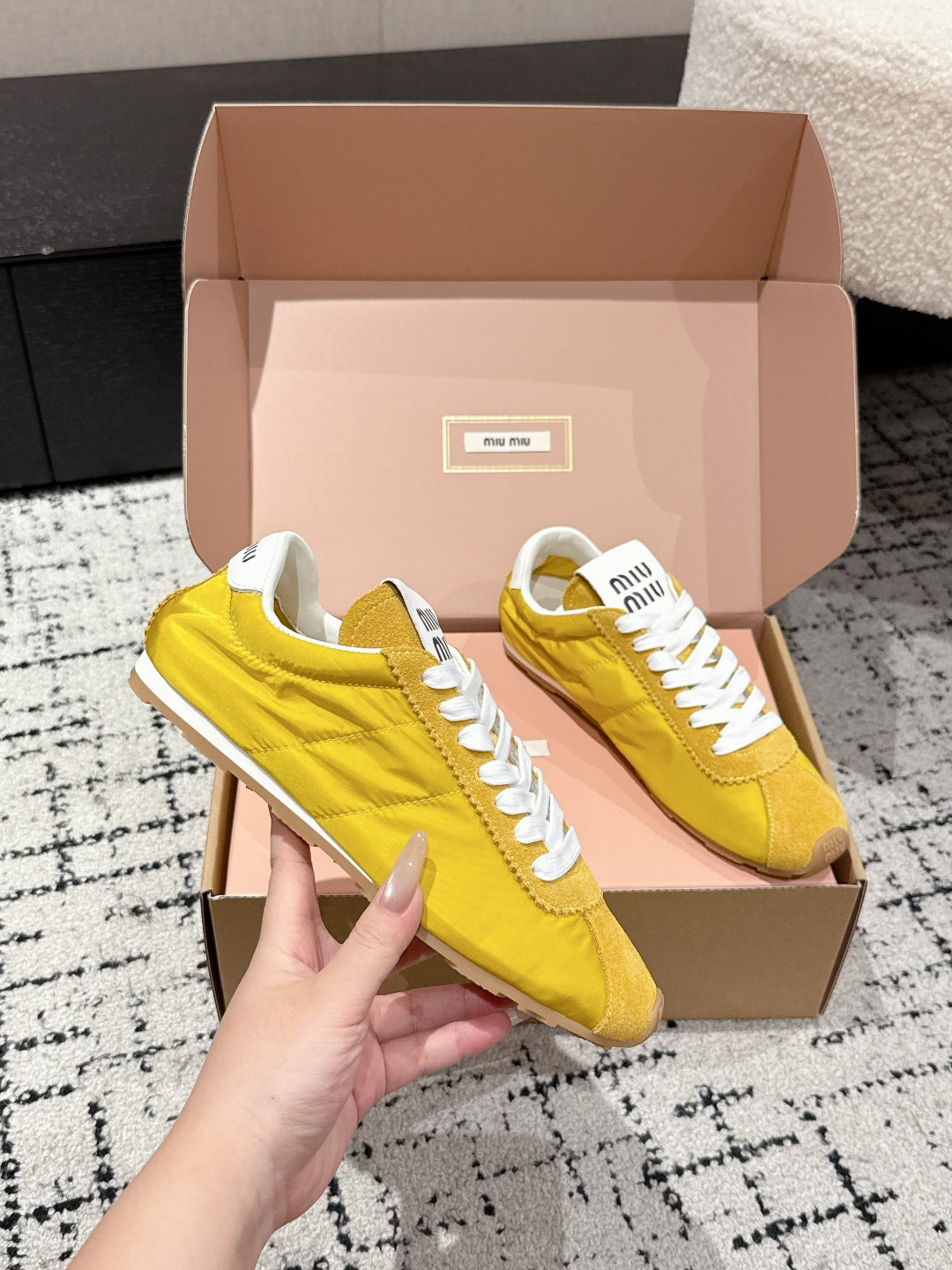 Miu Miu Plume technical fabric and Suede Sneakers, Yellow