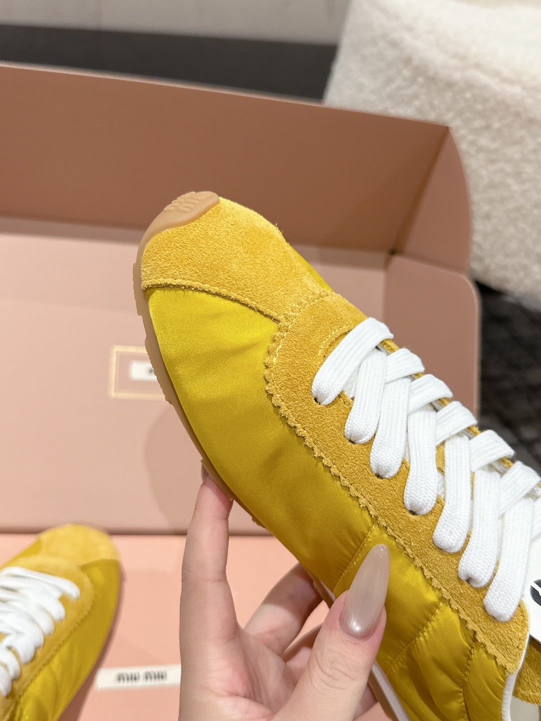 Miu Miu Plume technical fabric and Suede Sneakers, Yellow