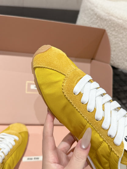 Miu Miu Plume technical fabric and Suede Sneakers, Yellow