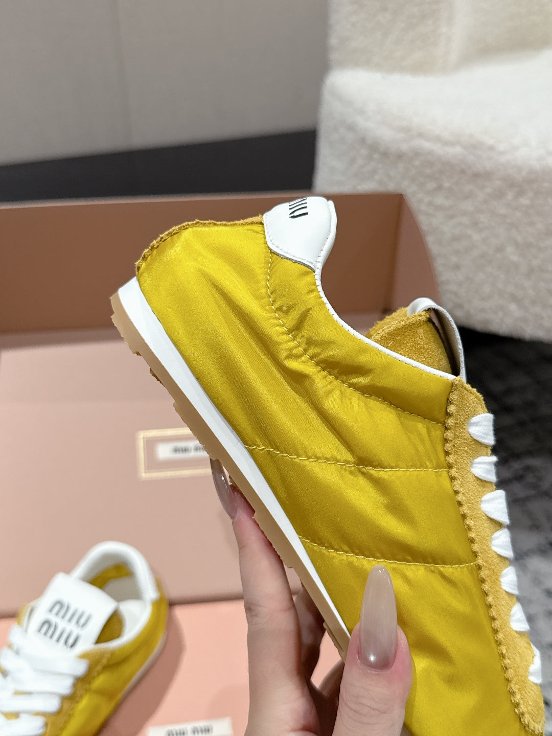 Miu Miu Plume technical fabric and Suede Sneakers, Yellow