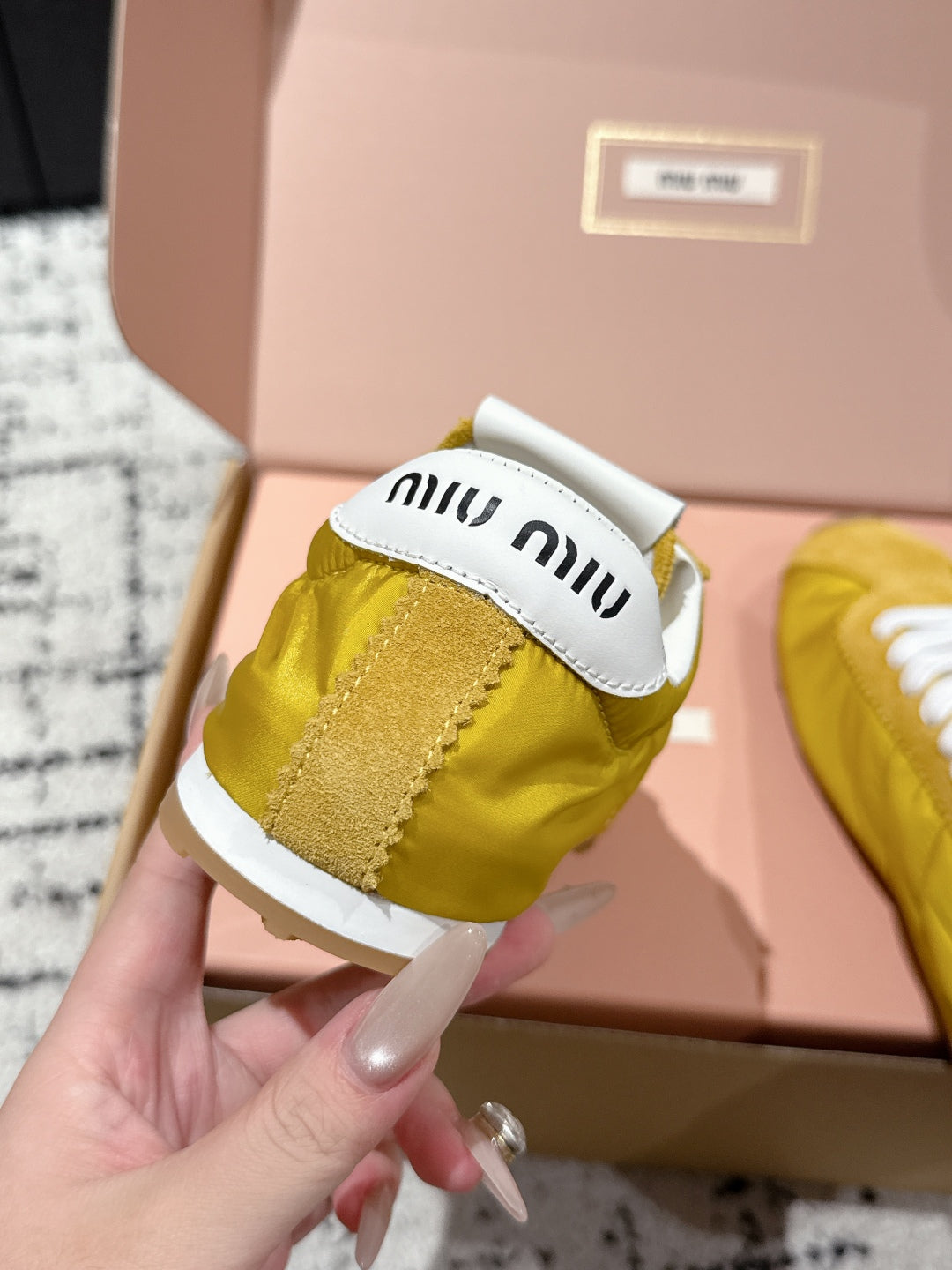 Miu Miu Plume technical fabric and Suede Sneakers, Yellow