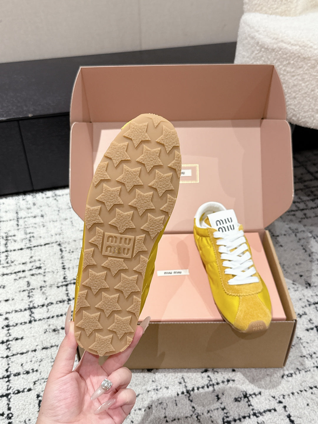 Miu Miu Plume technical fabric and Suede Sneakers, Yellow