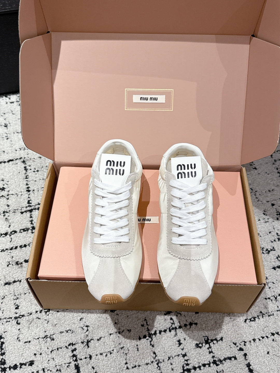 Miu Miu Plume technical fabric and Suede Sneakers, White