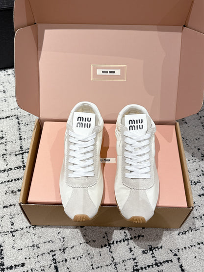 Miu Miu Plume technical fabric and Suede Sneakers, White