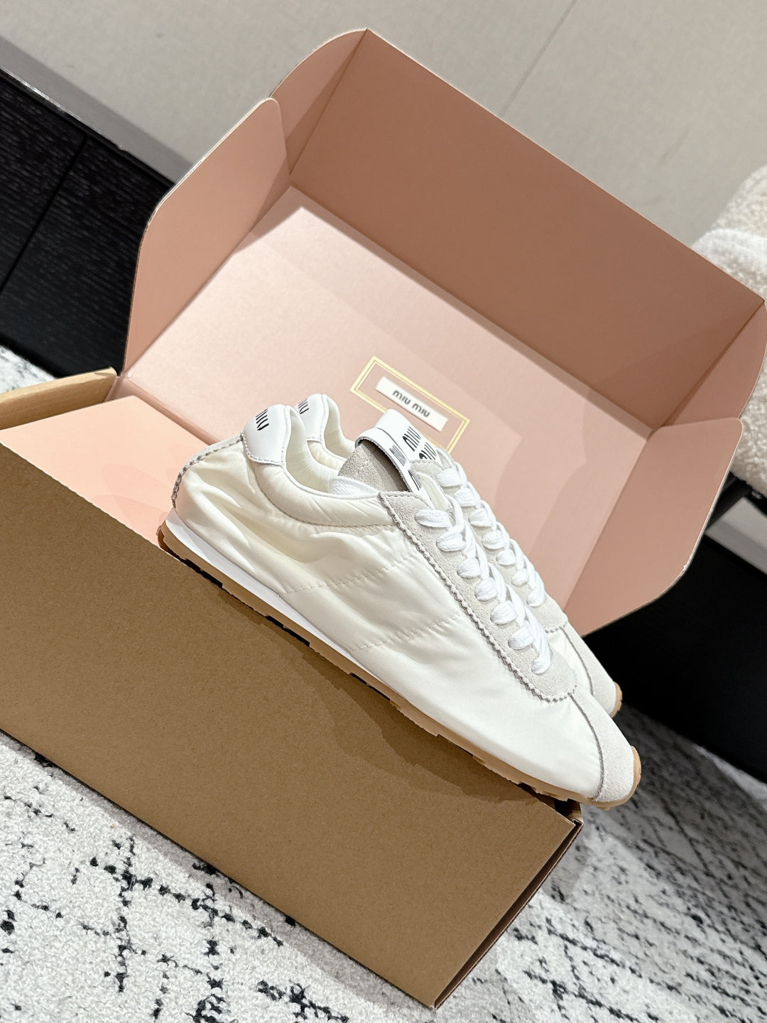 Miu Miu Plume technical fabric and Suede Sneakers, White