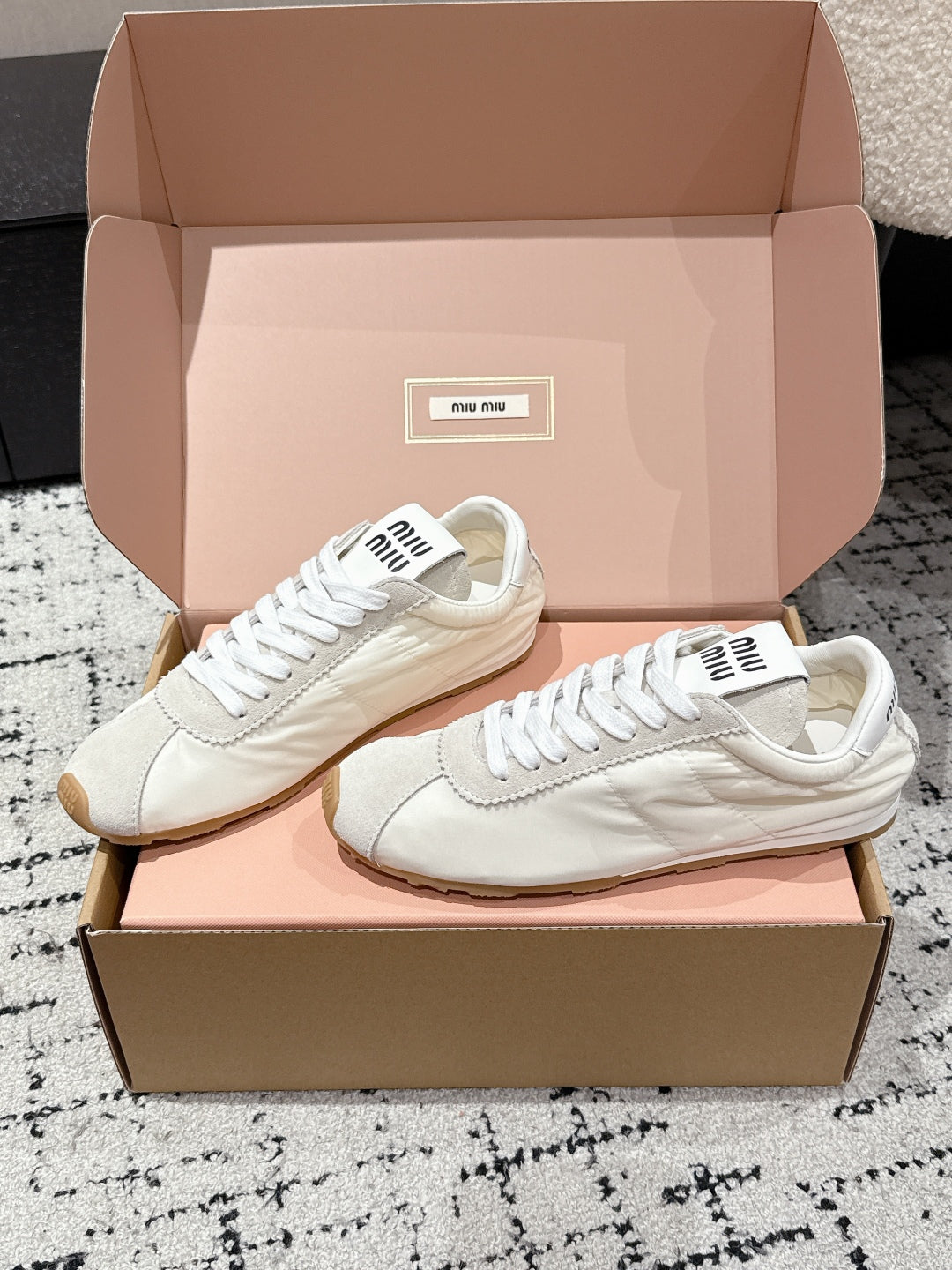 Miu Miu Plume technical fabric and Suede Sneakers, White