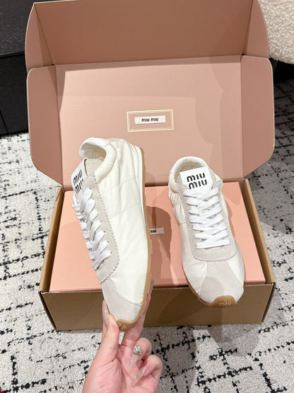 Miu Miu Plume technical fabric and Suede Sneakers, White