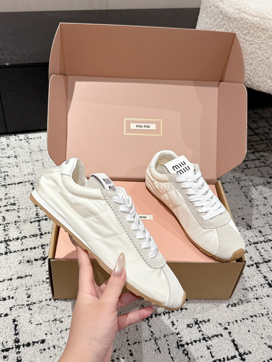 Miu Miu Plume technical fabric and Suede Sneakers, White