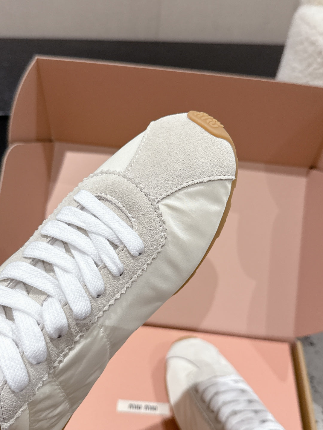 Miu Miu Plume technical fabric and Suede Sneakers, White