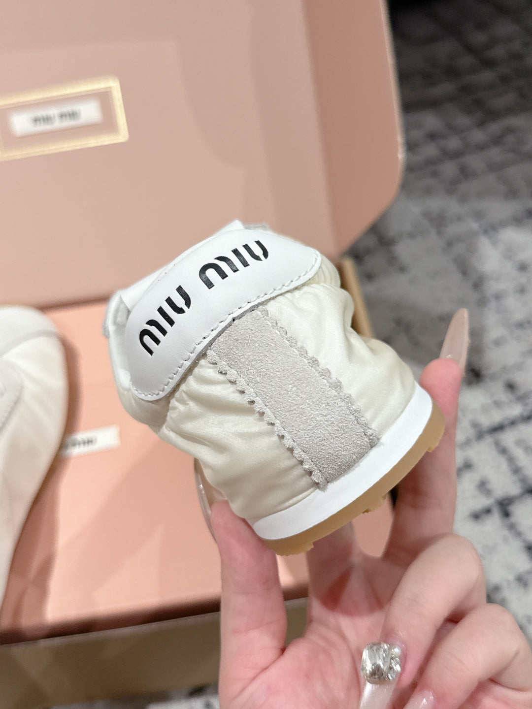 Miu Miu Plume technical fabric and Suede Sneakers, White