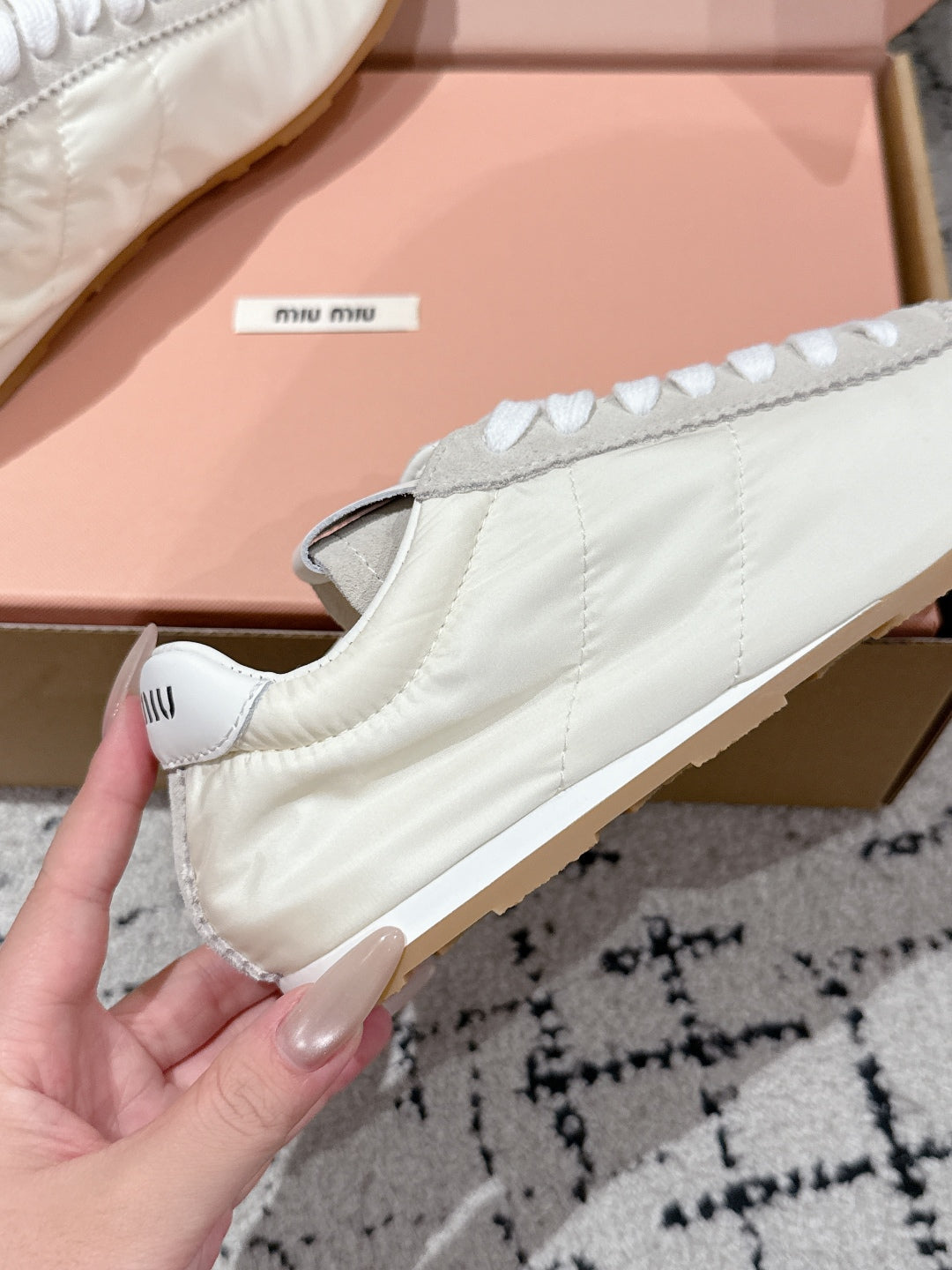 Miu Miu Plume technical fabric and Suede Sneakers, White