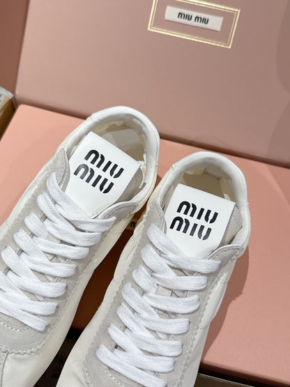Miu Miu Plume technical fabric and Suede Sneakers, White