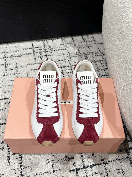 Miu Miu Plume Suede-trimmed leather Sneakers, Bianco + Cerise