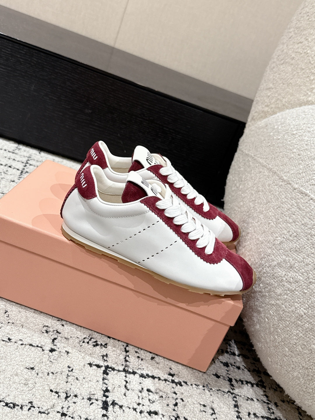 Miu Miu Plume Suede-trimmed leather Sneakers, Bianco + Cerise