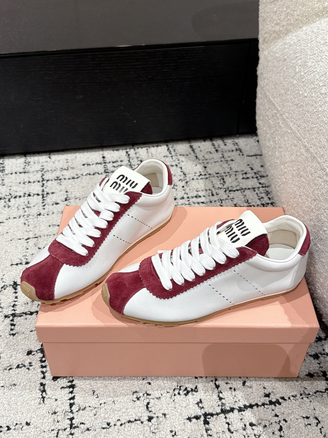 Miu Miu Plume Suede-trimmed leather Sneakers, Bianco + Cerise