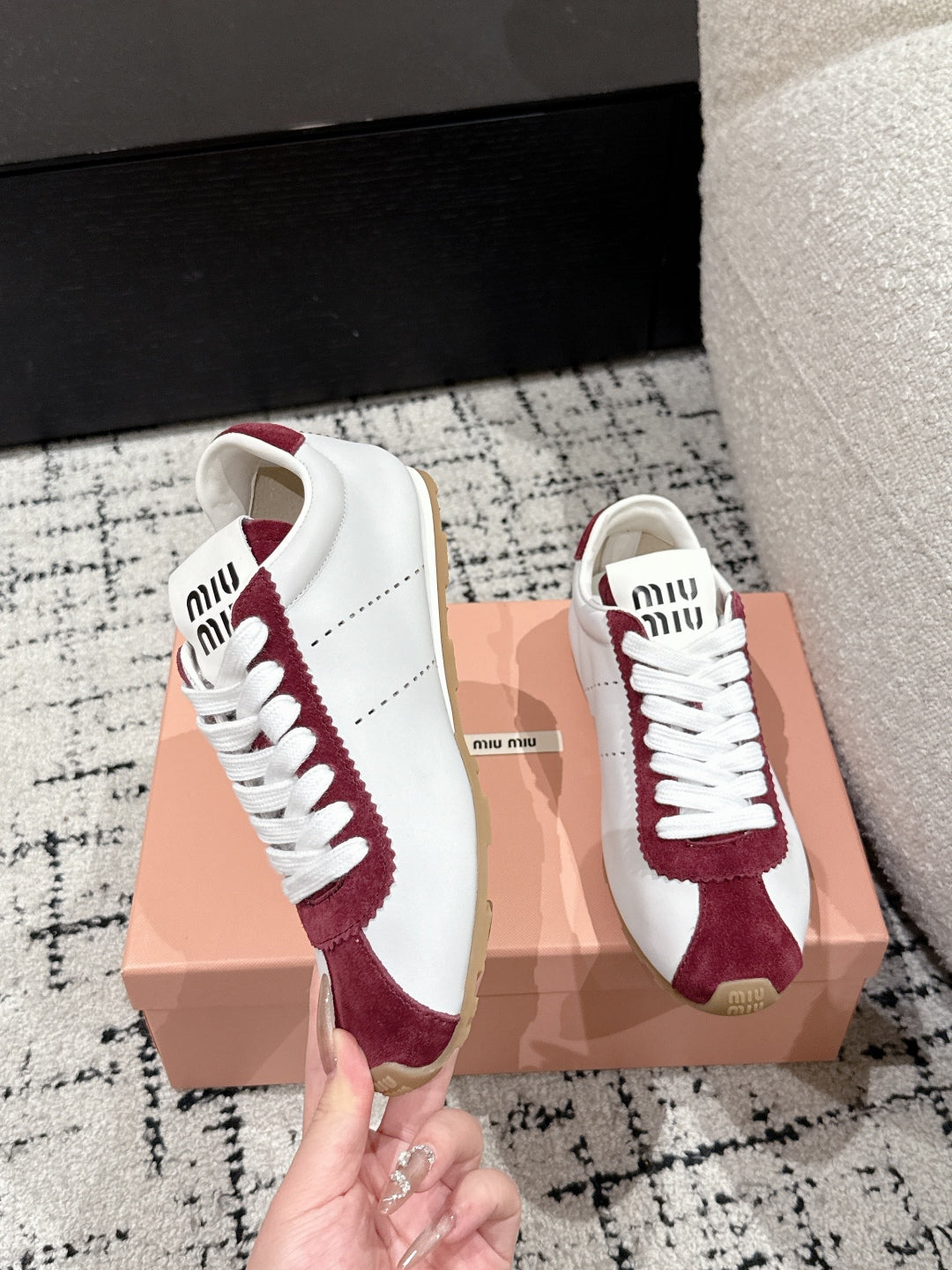 Miu Miu Plume Suede-trimmed leather Sneakers, Bianco + Cerise