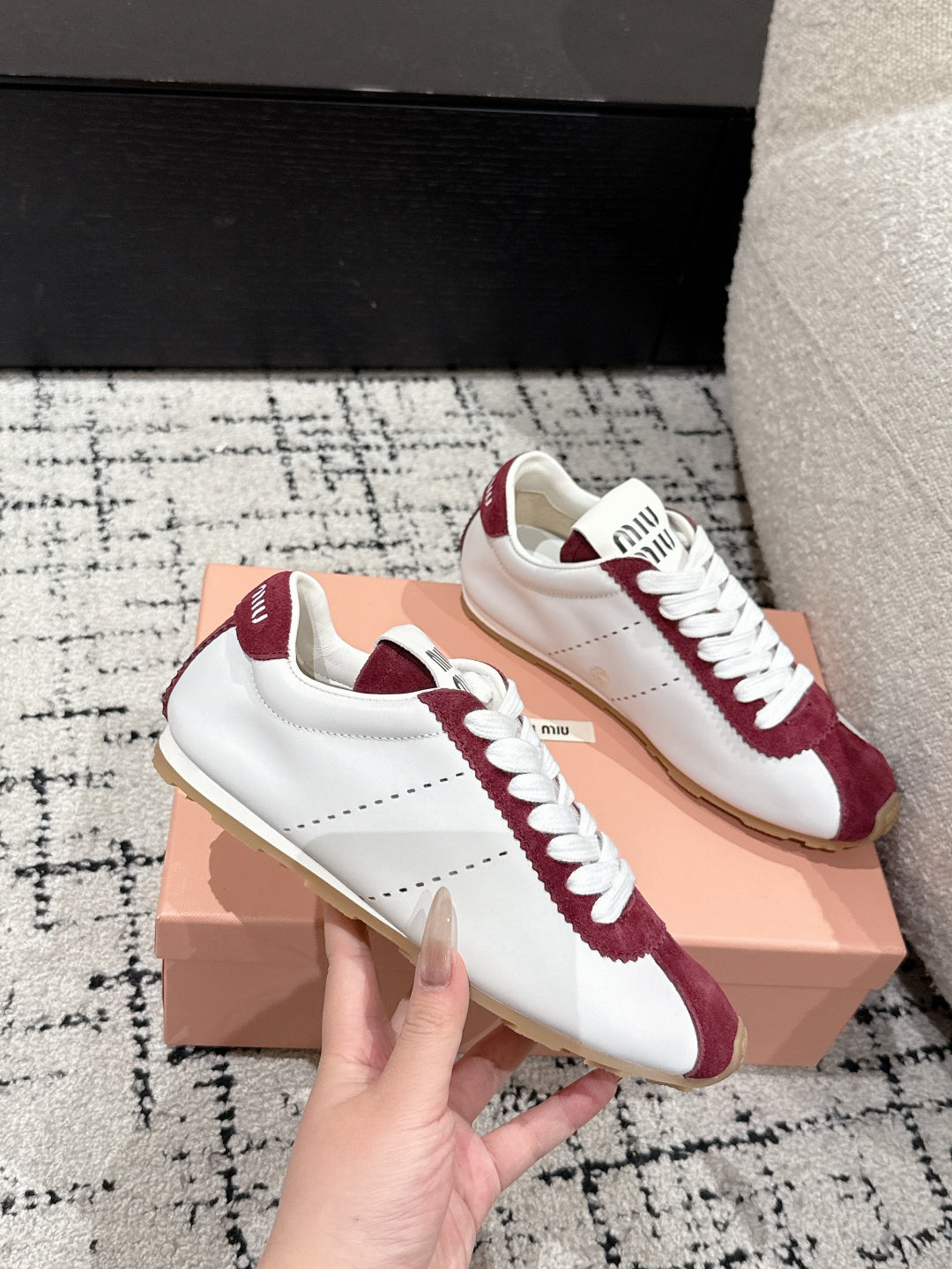 Miu Miu Plume Suede-trimmed leather Sneakers, Bianco + Cerise