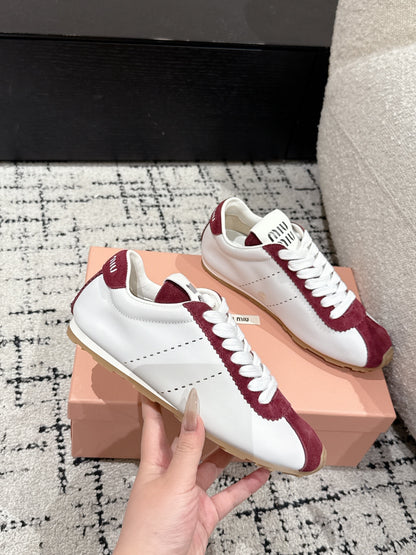 Miu Miu Plume Suede-trimmed leather Sneakers, Bianco + Cerise