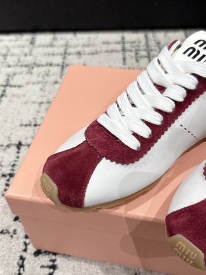 Miu Miu Plume Suede-trimmed leather Sneakers, Bianco + Cerise