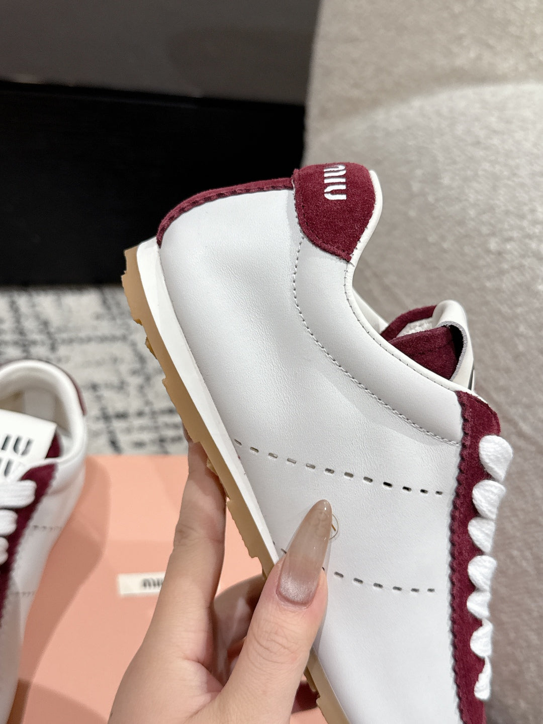 Miu Miu Plume Suede-trimmed leather Sneakers, Bianco + Cerise
