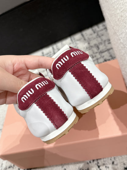 Miu Miu Plume Suede-trimmed leather Sneakers, Bianco + Cerise