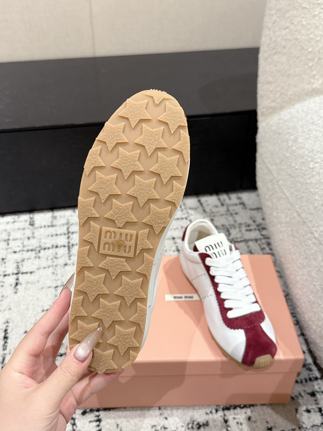 Miu Miu Plume Suede-trimmed leather Sneakers, Bianco + Cerise