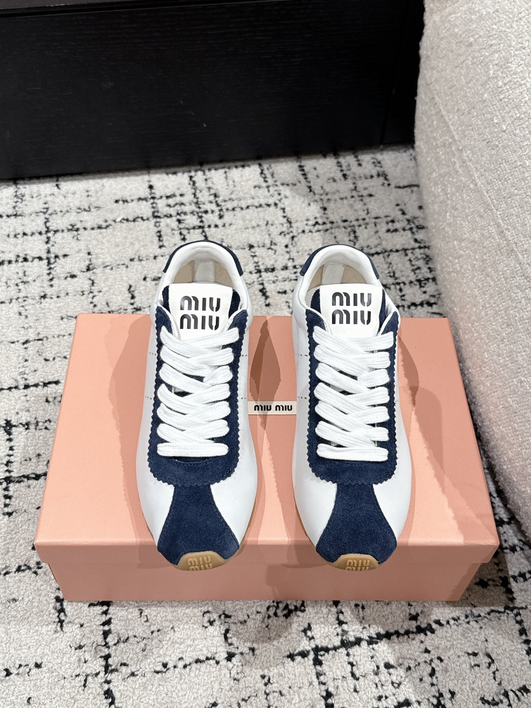 Miu Miu Plume Suede-trimmed leather Sneakers, Bianco + Bleu