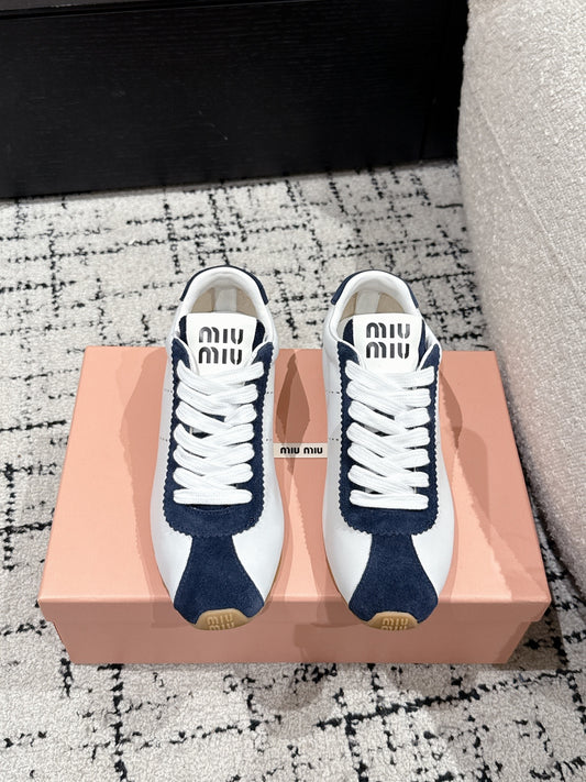 Miu Miu Plume Suede-trimmed leather Sneakers, Bianco + Bleu