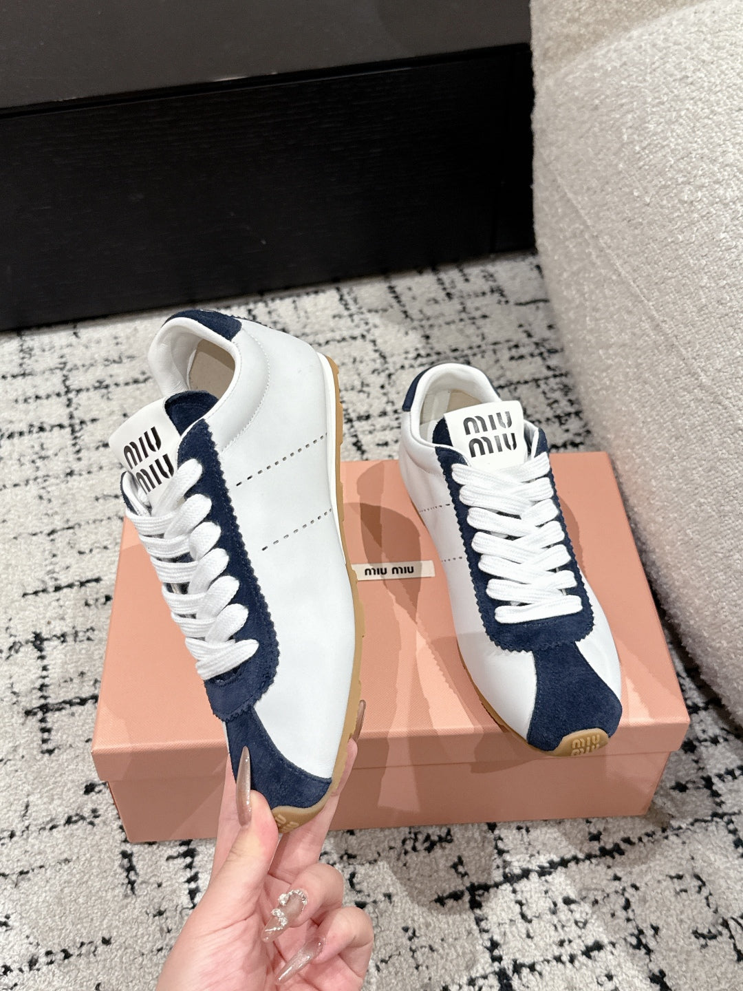 Miu Miu Plume Suede-trimmed leather Sneakers, Bianco + Bleu