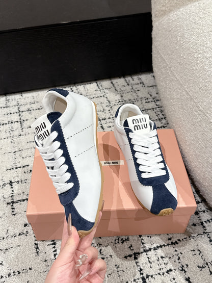Miu Miu Plume Suede-trimmed leather Sneakers, Bianco + Bleu