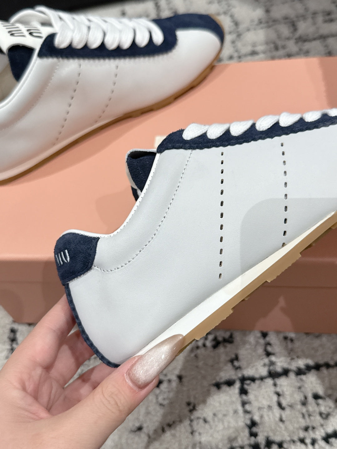 Miu Miu Plume Suede-trimmed leather Sneakers, Bianco + Bleu