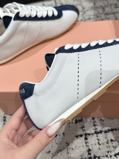 Miu Miu Plume Suede-trimmed leather Sneakers, Bianco + Bleu