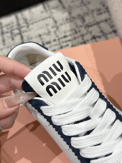 Miu Miu Plume Suede-trimmed leather Sneakers, Bianco + Bleu