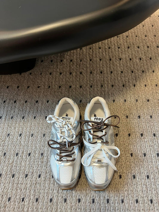 New Balance X Miu Miu 530 SL metallic leather and mesh Sneakers, Silver