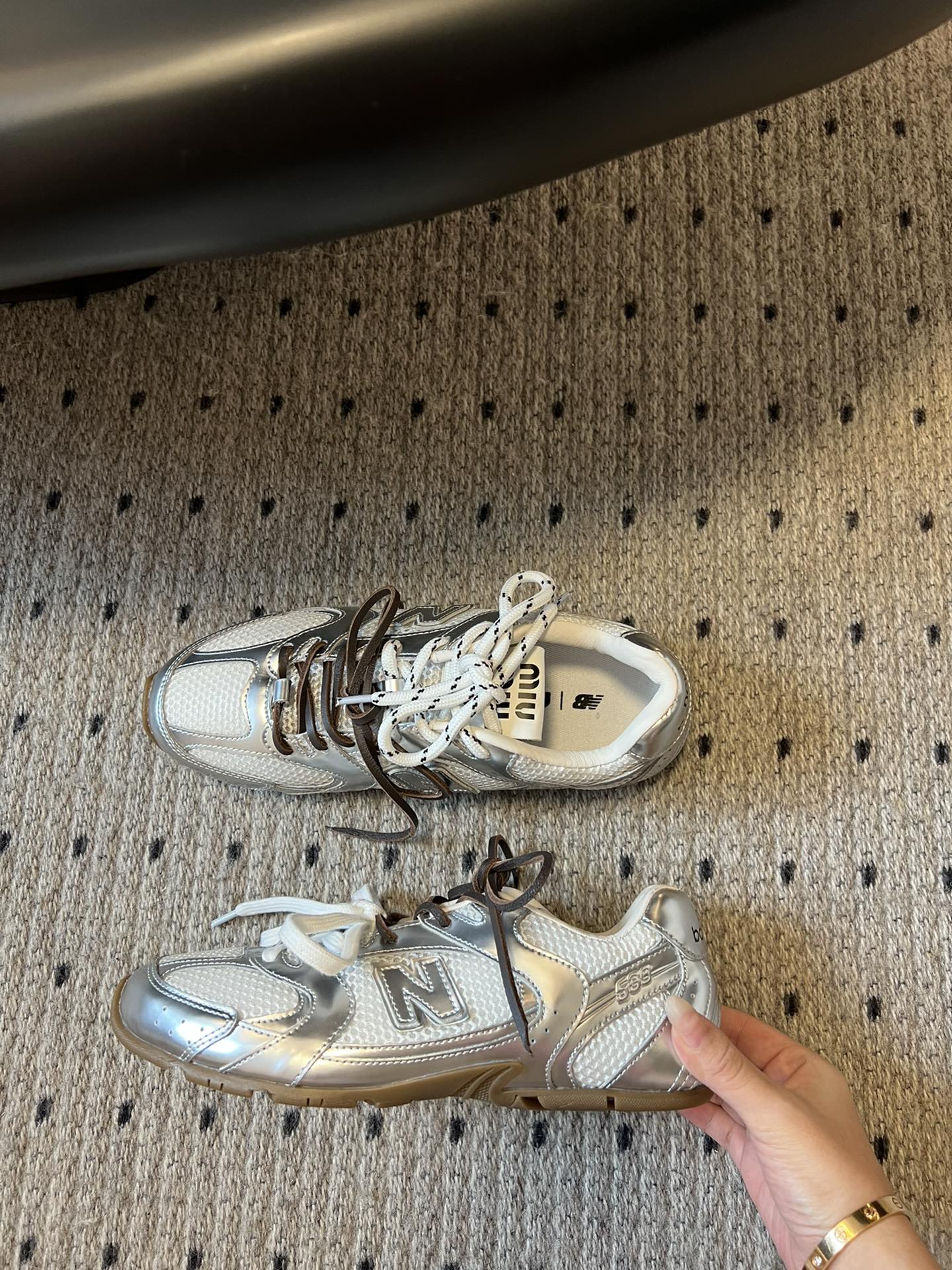 New Balance X Miu Miu 530 SL metallic leather and mesh Sneakers, Silver